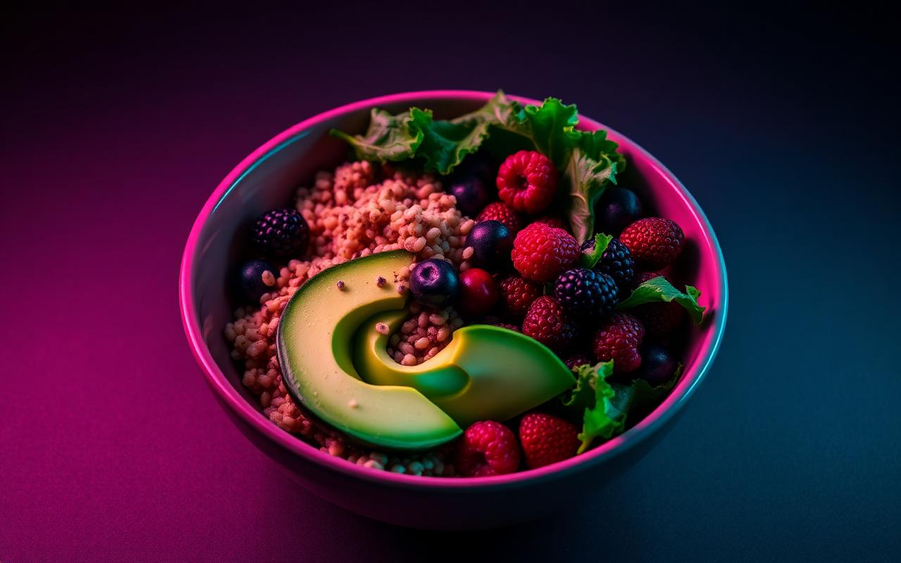 Plant based protein bowl with quinoa, avocado and berries